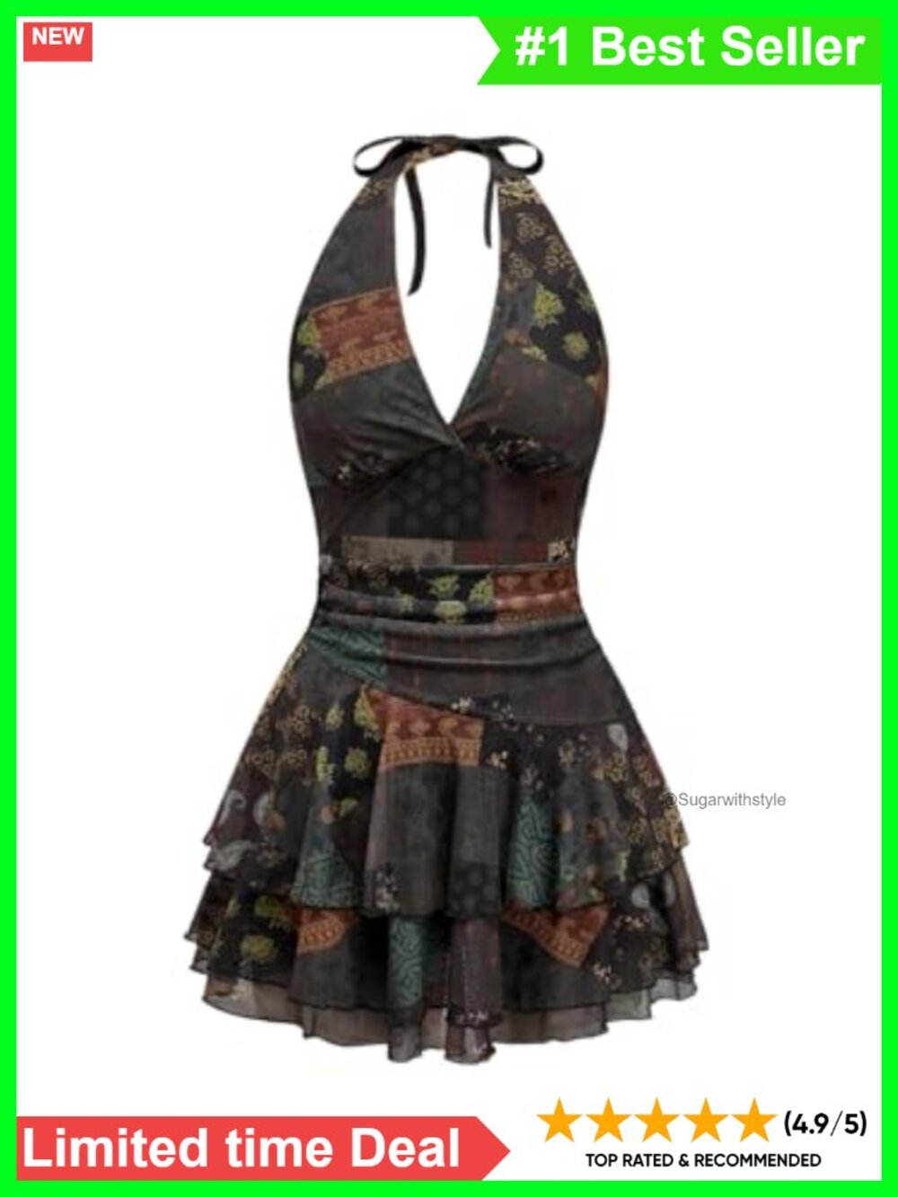 Women's Halter Mini Dress Backless Ruffle Tiered Flowy Summer Festival